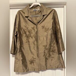 Chico's Olive Floral Blouse, 100% Silk, Size 3 (XL): 16-18 US